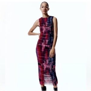 Zara Printed ruched Tulle dress Mesh Abstract Purple Black Medium